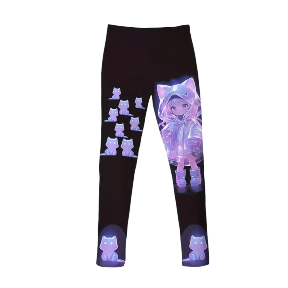 Kids Black and Purple Anime Cat Print Leggings